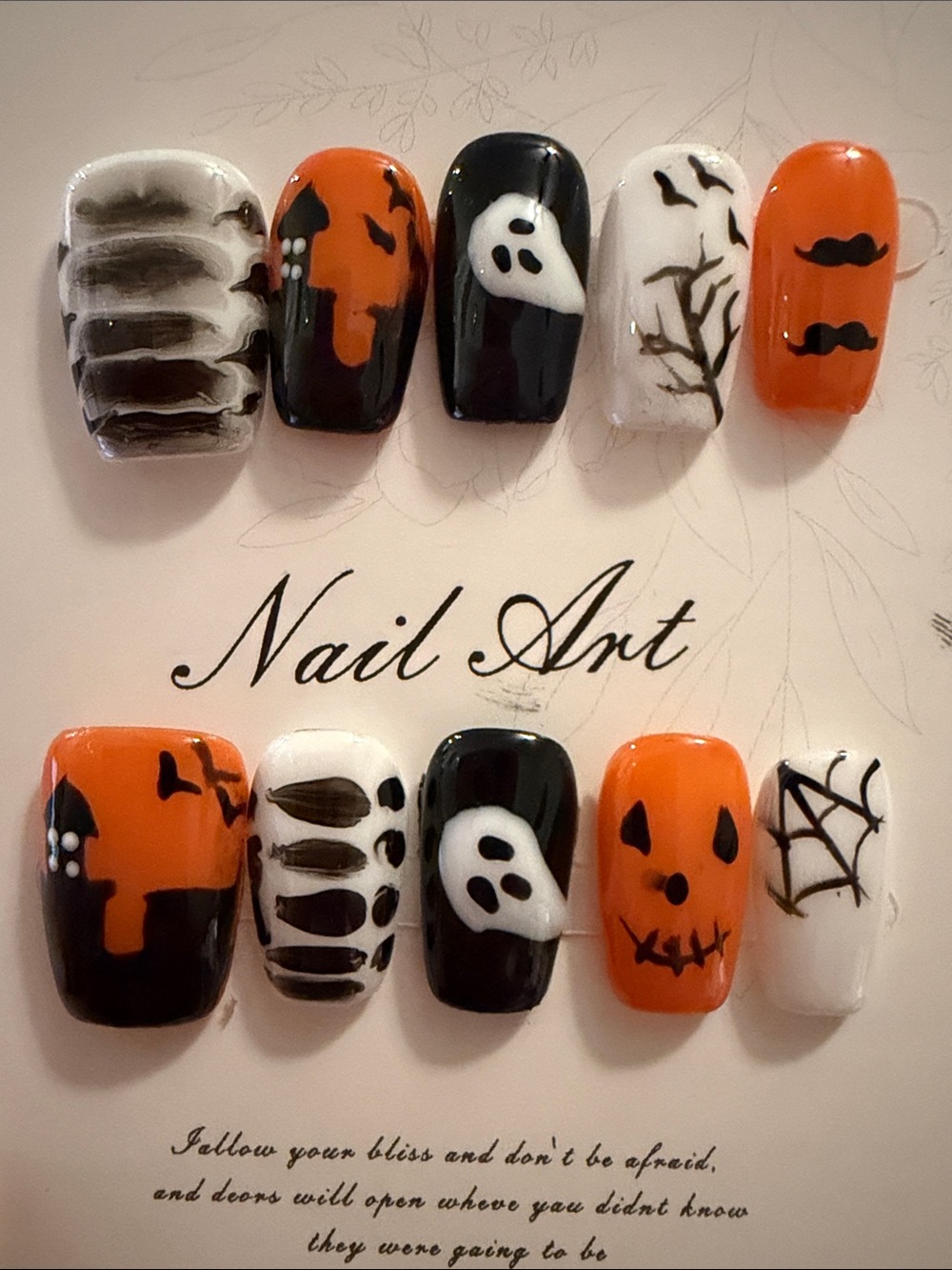 Halloween theme handmade press on Nail Art Set - Orange, Black & White